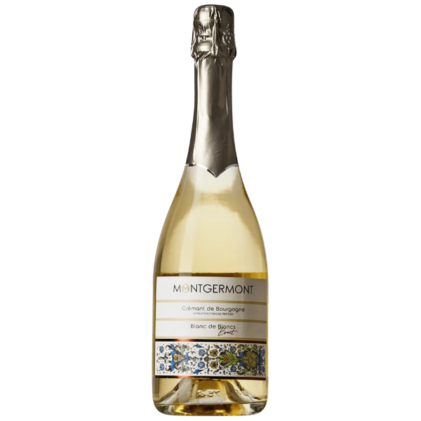Bottle of Montgermont white wine with decorative label on a blue background