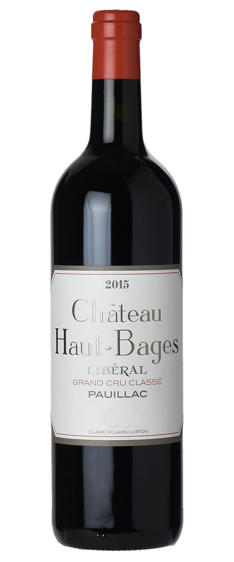 A bottle of Château Haut-Bages Libéral Grand Cru Classé Pauillac red wine, featuring a dark glass bottle with a red foil capsule and a white label.